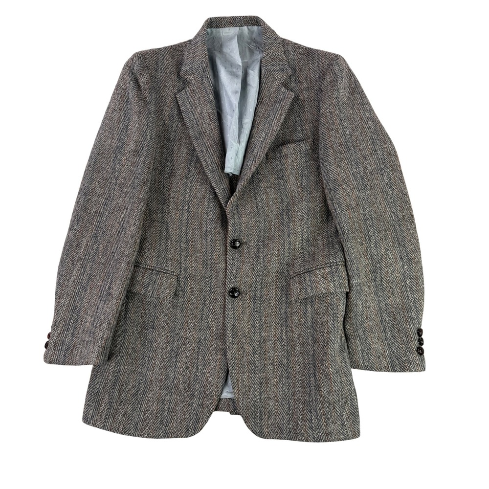 Harris Tweed Blazer Mens 38L Gray Herringbone Wool‎ Sport Coat Sears Roebuck USA